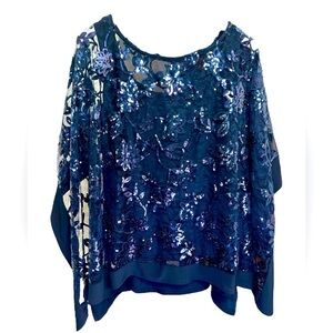 Blue Two Piece Floral Sequin Top with Pants Evening Set Size 18